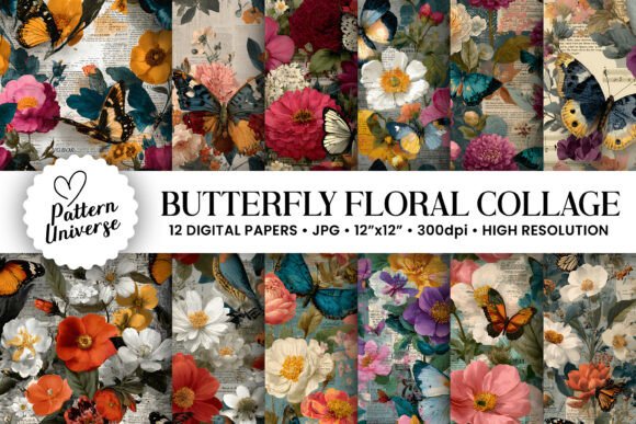 Butterfly Floral Collage Digital Paper