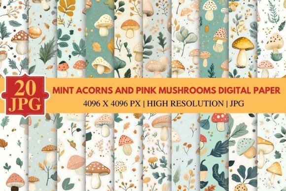 Mint Acorns and Pink Mushrooms Digital Paper – A Versatile Seamless Pattern for Creative Projects