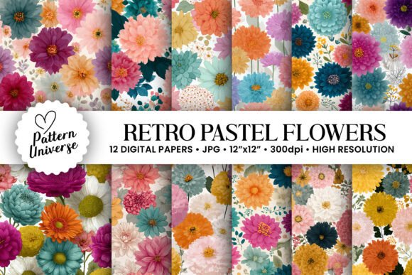 Retro Pastel Flowers Digital Paper